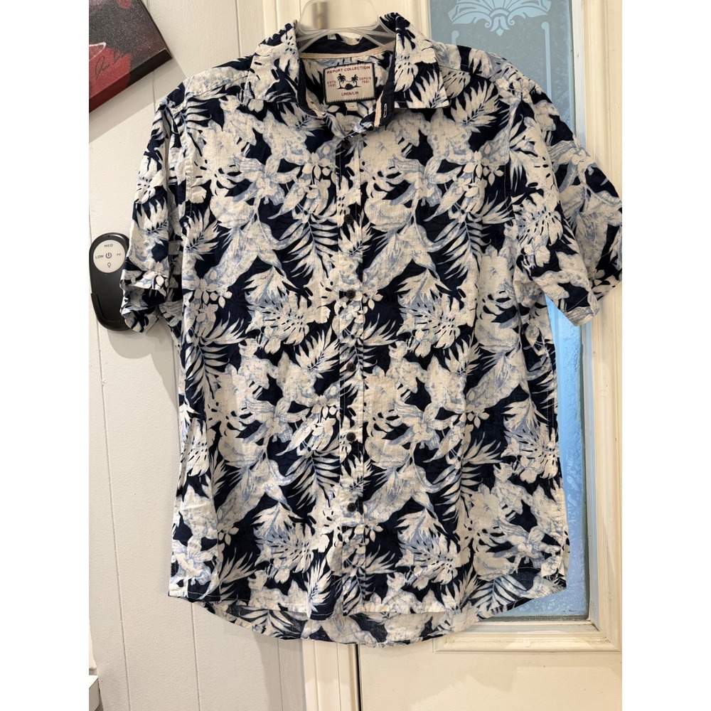Report Collection Mens Blue Tropical Floral Linen Blend Button Down Shirt L